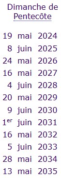 Dates de Pentecôte de 2024 à 2035